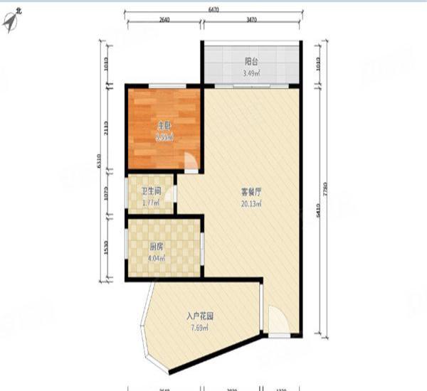 上品花园小区1室2厅1卫户型图3