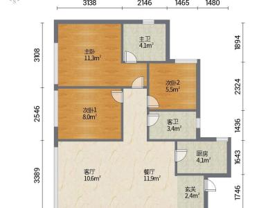 汇丰花园(三水)小区3室2厅2卫户型图1