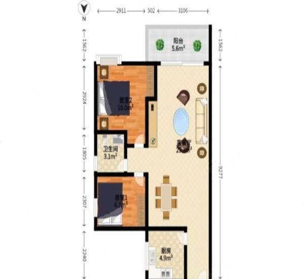 顺景蔷薇山庄小区2室2厅1卫户型图6