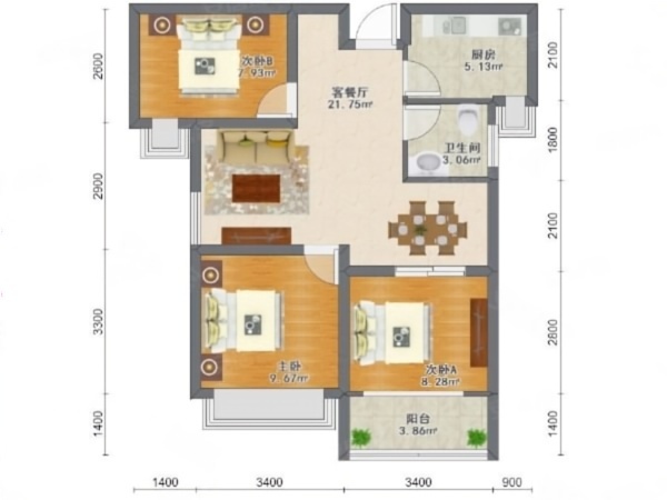 格林泊乐二期小区3室2厅1卫户型图7