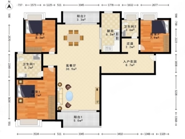 中海锦城小区3室2厅2卫户型图3
