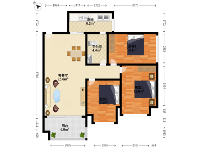 佳兆业中央广场一期小区3室2厅1卫户型图3