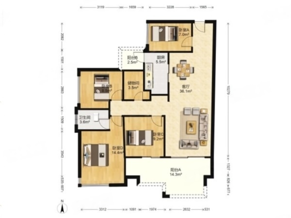 华盈爱琴湾小区3室2厅2卫户型图5