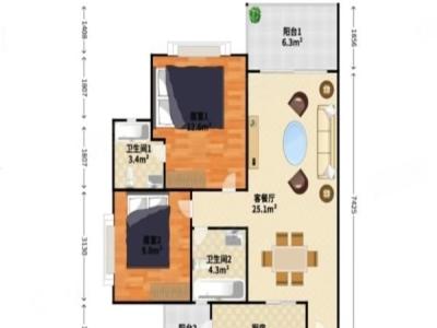 大信海岸家园东区小区2室2厅2卫户型图3