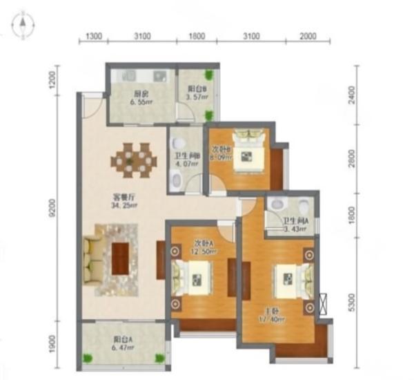 华盈爱琴湾小区3室2厅2卫户型图6