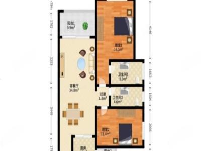 豪逸御华庭小区2室2厅2卫户型图2