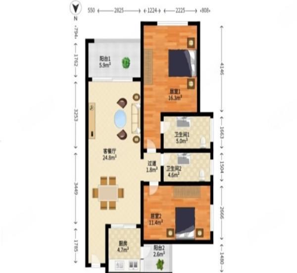豪逸御华庭小区2室2厅2卫户型图
