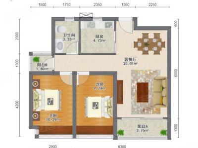 中海左岸岚庭小区2室2厅1卫户型图1