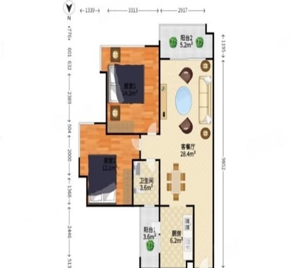 远洋城天曜南区小区2室2厅1卫户型图6