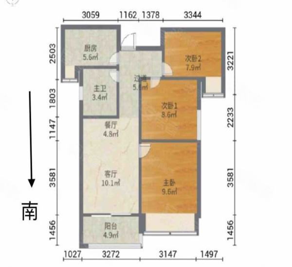 格林泊乐二期小区3室2厅1卫户型图6