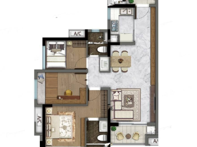 万科翡翠江望小区3室2厅2卫户型图1