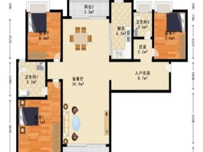 中海锦城小区3室2厅2卫户型图2