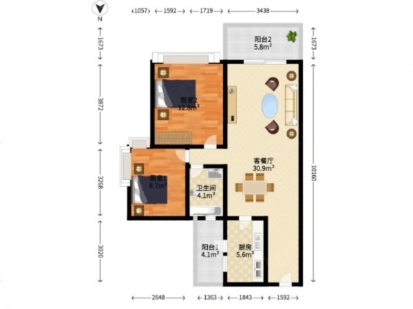 远洋城天曜南区小区2室2厅1卫户型图4