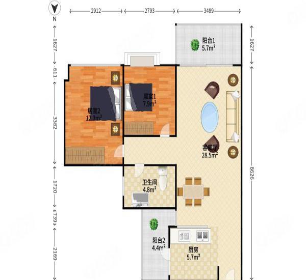 平湖秋月花园小区2室2厅1卫户型图5