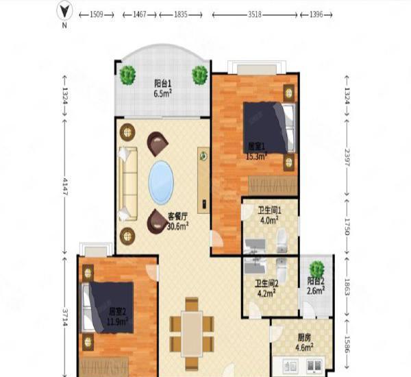 城市花园莲兴阁小区2室2厅1卫户型图3