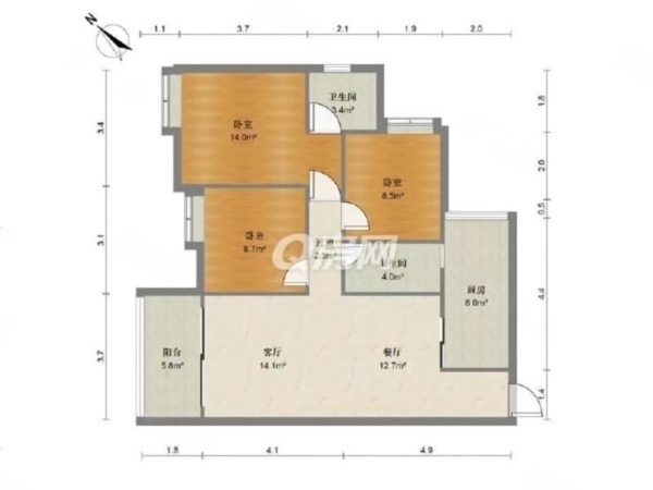 金凯乐花园 3室2厅 110㎡ 满五年_金凯乐花园二手房户型图片9