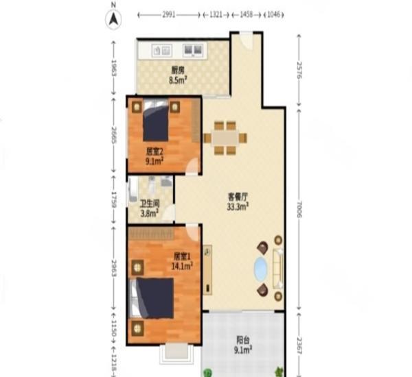 汇星豪庭小区2室2厅1卫户型图2