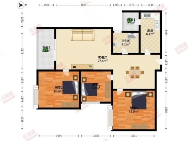中海锦城小区3室2厅1卫户型图8