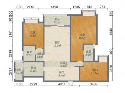雅居乐御滨名门小区3室2厅2卫户型图2