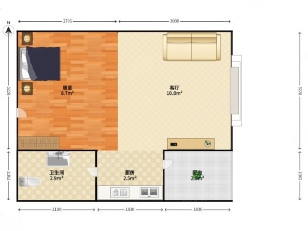 蓝钻双子座楼小区1室1厅1卫户型图12