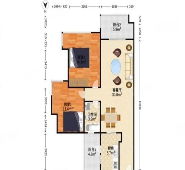 远洋城天曜南区小区2室2厅1卫户型图5