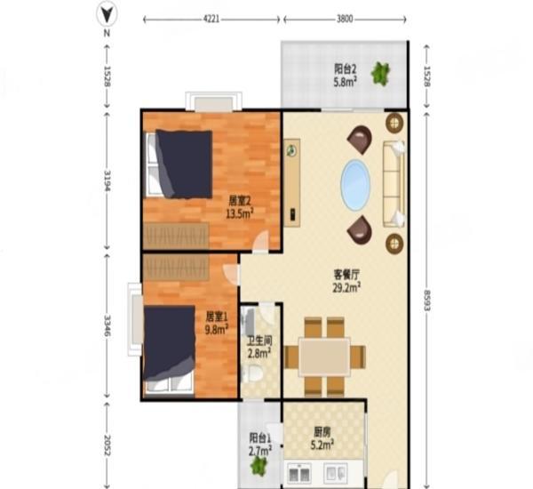 顺景蔷薇山庄小区2室2厅1卫户型图5
